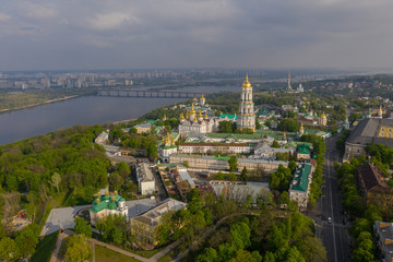 Aerial view of Kiev Pechersk Lavra illuminated by the sunset rays of the sun, Kyiv, Ukraine