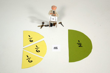 Fraction demonstration where sixth parts are reuced to halves.