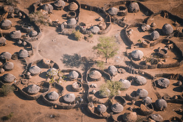 aerial view of tribal african village in rural uganda
