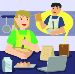 Woman learning cooking from online cooking class