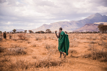 tribal african warrior walking along the plains of uganda