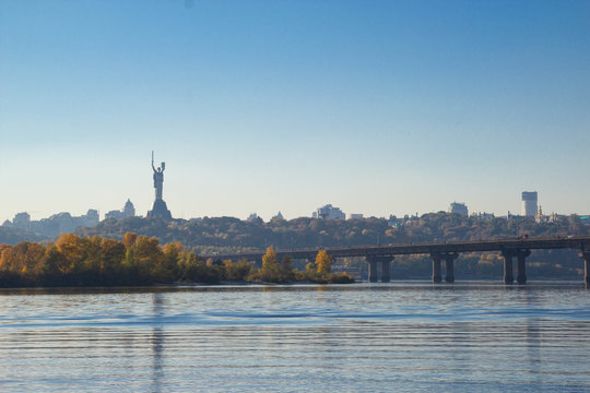 view towards the right bank of Dnieper river From Dniprovska Embankment, Kyiv, Ukraine