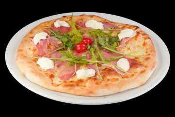 Tasty pizza with mascarpone, bacon, and arugula on a plate, isolated on black background