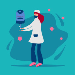  Doctor disinfects hands Corona virus Bacterial Cellular Icon.Concept wash your hands more often with disinfection..Vector illustration on an isolated blue background.For banner,flyer,message