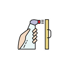 Hand with antiseptic in a bottle and desinfictant liquid sprays and processes the surface
