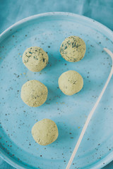 Matcha green tea powder energy balls top view