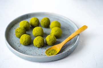 Matcha green tea powder energy balls top view