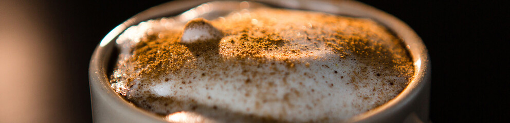 Close up of delicious cappuccino with cinnamon and milk foam in cup on dark table.