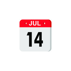 Icon calendar day 14 July, summer days of the year on a white background. Vector illustration. EPS 10.
