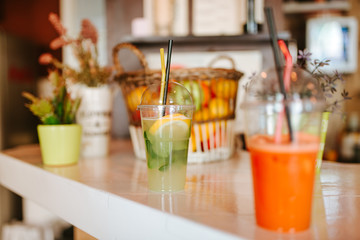Close up of refreshing  juice on the table at cafe