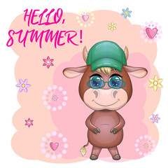 Obraz na płótnie Canvas Cute cartoon bull in panama among the flowers. Summer is coming