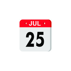 Icon calendar day 25 July, summer days of the year on a white background. Vector illustration. EPS 10.