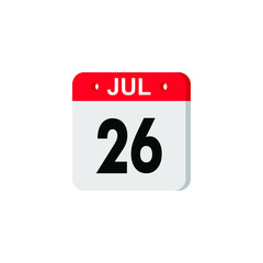 Icon calendar day 26 July, summer days of the year on a white background. Vector illustration. EPS 10.