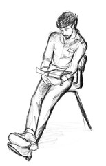 A rough sketch of a guy sitting on a chair and reading a book. Lead pencil on white paper. Isolated object.