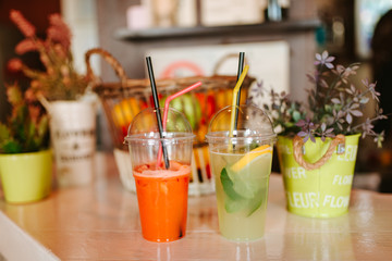 Close up of refreshing  juice on the table at cafe
