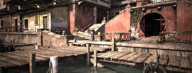 Street of the asian city. Old houses with peeling paint on the walls. 3D illustration. Authentic asian cityscape.