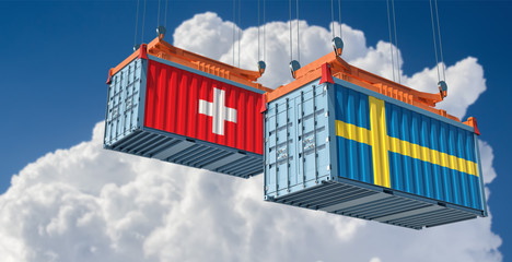 Shipping containers with Switzerland and Sweden. 3D Rendering 