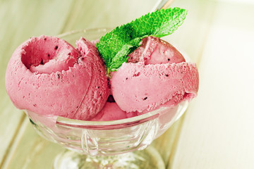 Homemade Organic Fruit Berry Pink Ice Cream with Mint.