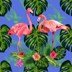 Bright green tropical jungle rainforest palm tree leaves. Pink exotic flamingo wading birds couple. Seamless pattern texture
