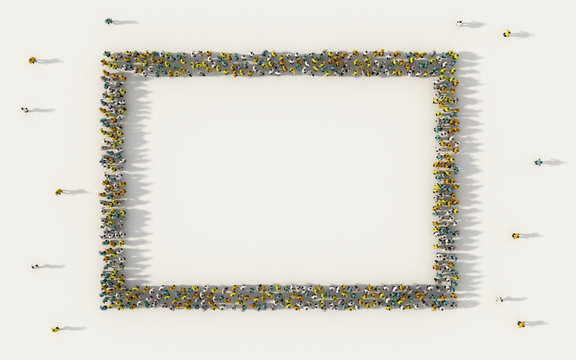 Large Group Of People Forming Rectangle Box Symbol In Social Media And Community Concept On White Background. 3d Sign Of Crowd Illustration From Above Gathered Together