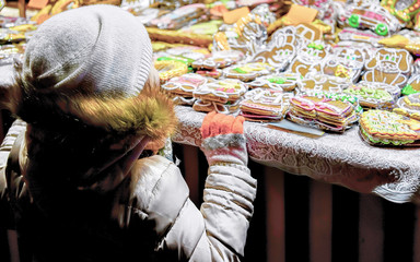 Child at Colorful gingerbreads at the Riga Christmas Market reflex