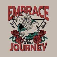 Pegasus Illustration with Roses and Endless Journey Slogan Artwork For Apparel and Other Uses