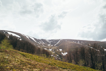 Spring in mountains. Beautiful mountain landscape with snow on the north slope