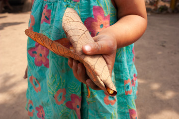 manos de niña agarrando hojas secas