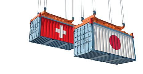 Shipping containers with Switzerland and Japan flag. 3D Rendering 