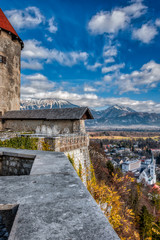 Scenic view from the Bled Castle in Slovenia with the snow covered Alpine ranges in the background