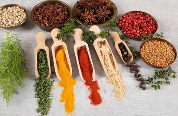 Spices in wooden spoon.