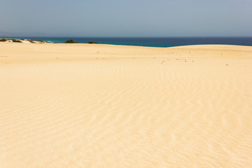 Wave patterns on empty sand dunes in Corralejo Natural Park with ocean on background. Desert landscape by the sea at popular travel destination in Fuerteventura island, Spain. Summer tourism concept