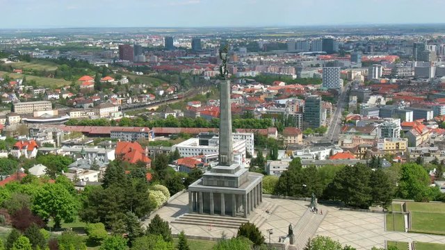 Aerial of Slavin Memorial, Bratislava Slovakia - Establishing Rotating Pan Shot of Slavin Memorial National Cultural Monument and Military Cemetery of Soviet Soldiers, During a Sunny Spring Day