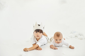 two beautiful brothers lies on a white background