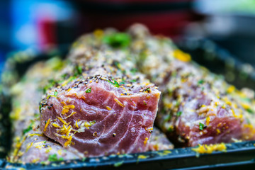 Fresh, delicious grilled meat. Grilling steak on BBQ. Close up view of grilling steak