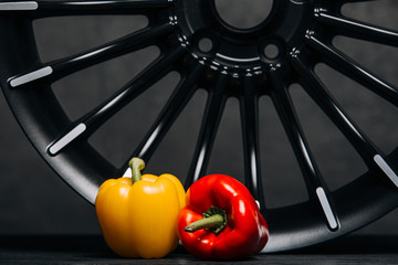 Car rims with pepper close up