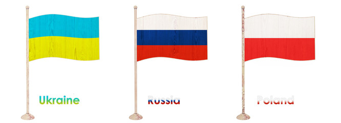 Flag of Ukraine, flag of Russia, flag of Poland,  isolated 3d rendering