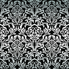 Damascus. Seamless Wallpaper, fabric, packaging, curtains, ornament. Color silver and black