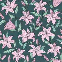 Botanical seamless pattern with hand drawn outline pink lily flowers on a green backgroond. For fashion prints, fabrics, wallpapers and covers