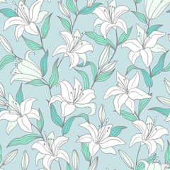 Fototapeta na wymiar Botanical seamless pattern with hand drawn outline lily flowers on a light blue backgroond. For fashion prints, fabrics, wallpapers and covers
