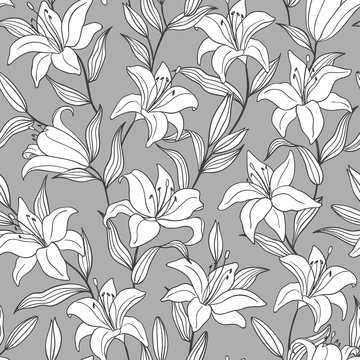 Botanical seamless pattern with  hand drawn outline white lily flowers on a gray backgroond. For fashion prints, fabrics, wallpapers and covers