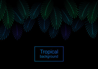 Vector illustration in neon gradient acid style with space for text. Black background with exotic palm leaves. Magic tropical night. backdrop for greeting cards, posters, banners and etc.
