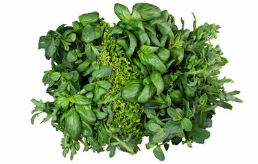 Naklejka na ściany i meble isolated Fresh fragrant green herbs on a white . basil, cilantro, peppermint, spinach, salad, arugula. copy space, flat lay