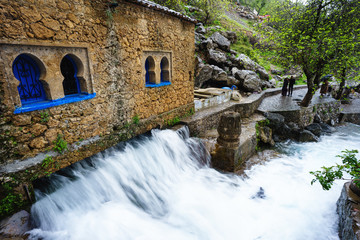 Chefchaouen, Morocco - 04/12/2018: Beautiful waterfall at the Ras Elma spring in the town of Chefchaouen in the Rif Mountains, northern Morocco.
