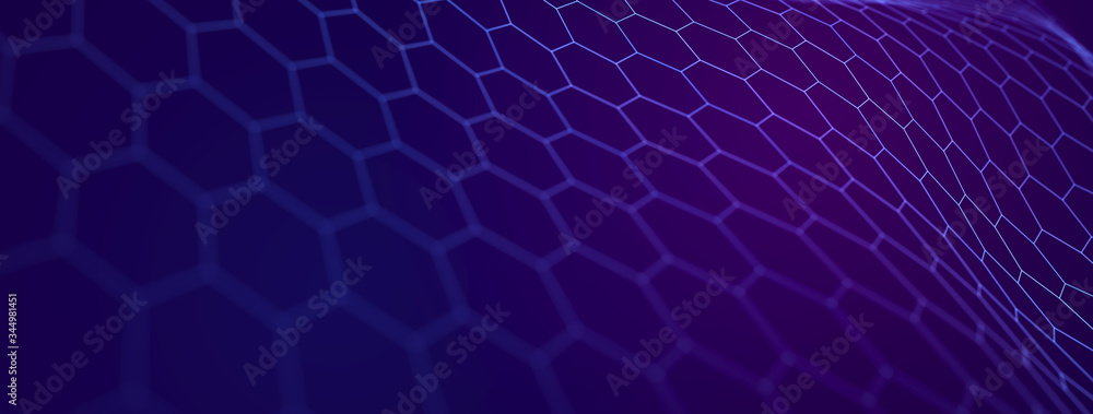 Poster Futuristic abstract mesh. Wave with the connection of dots and lines. 3D rendering.