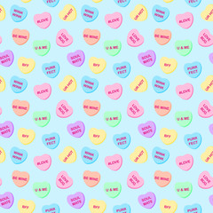 Candy Hearts Seamless Pattern - Pastel rainbow conversation heart candy design for Valentine's Day	 - 344981407