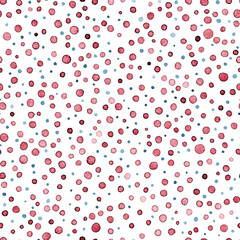 Cute watercolor seamless pattern. Blue and pink dots on white paper. Print for home textiles, packaging, wallpaper. Handwork. Background in the style of polka dot.
