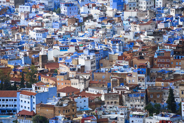 Aerial close up of the unique blue Medina of Chefchaouen in the Rif Mountains, Morocco