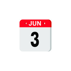 June 3 - Calendar Icon. Summer days of the year. Calendar Icon with shadow. Flat style. Date, day and month. Reminder. Vector illustration. Organizer application, app symbol. Ui. User interface sign. 