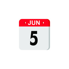 June 5 - Calendar Icon. Summer days of the year. Calendar Icon with shadow. Flat style. Date, day and month. Reminder. Vector illustration. Organizer application, app symbol. Ui. User interface sign. 